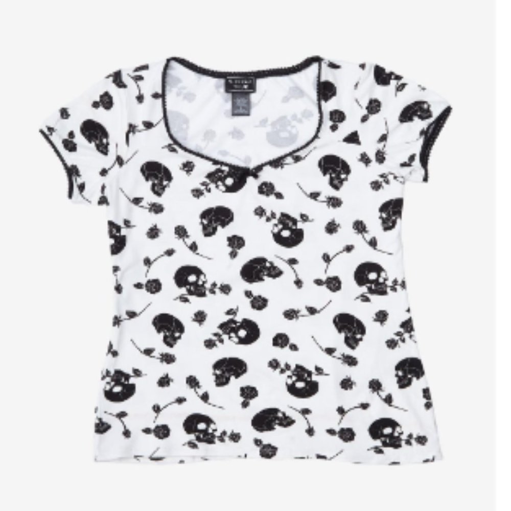 Hot Topic Goth Cream & Black Skulls & Roses Shirt 2XL
